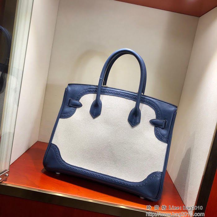 HERMES愛馬仕 鉑金包 Birkin Ghillies 30Cm Swif拼Tc 73 Blue Saphir 寶石藍 銀扣 頂級工藝 手縫蠟線 時尚手提包  Ama1597